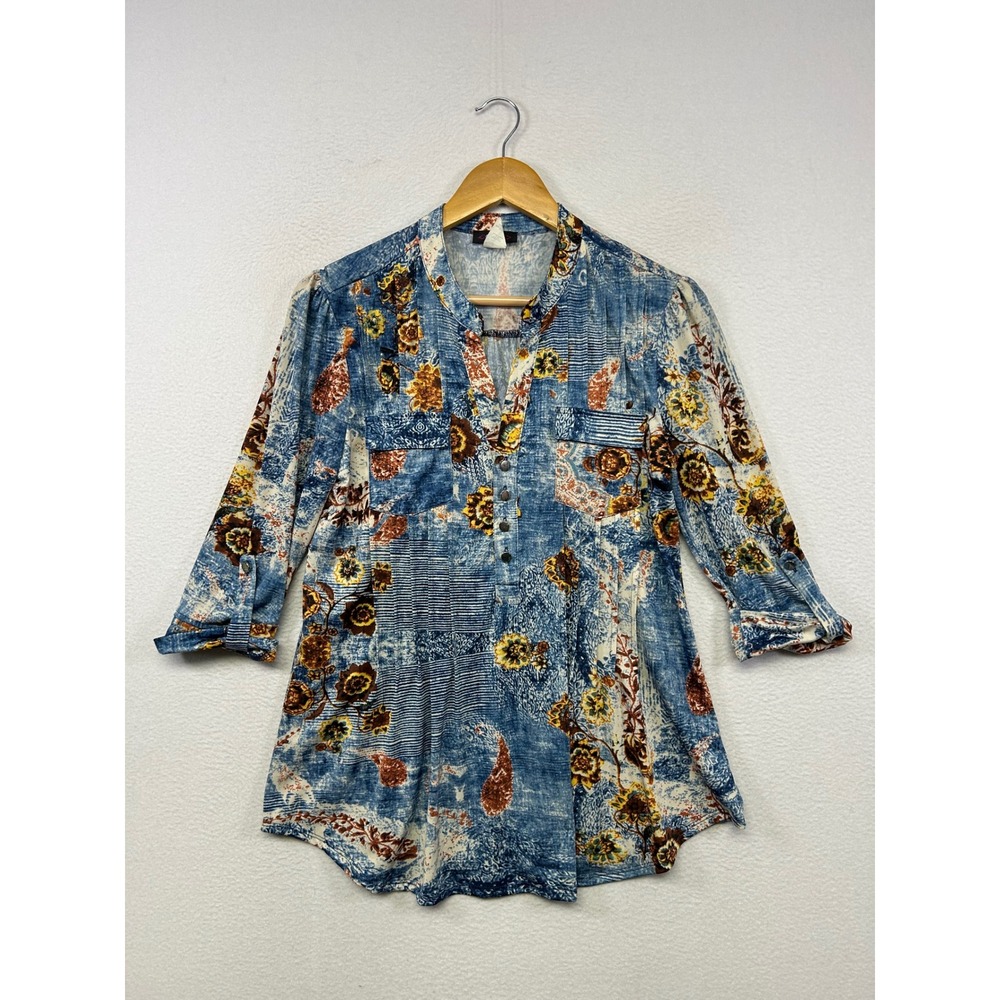 Boho Patchwork Cocomo Womens Small Blue Floral Paisley Roll Tab Tunic Top